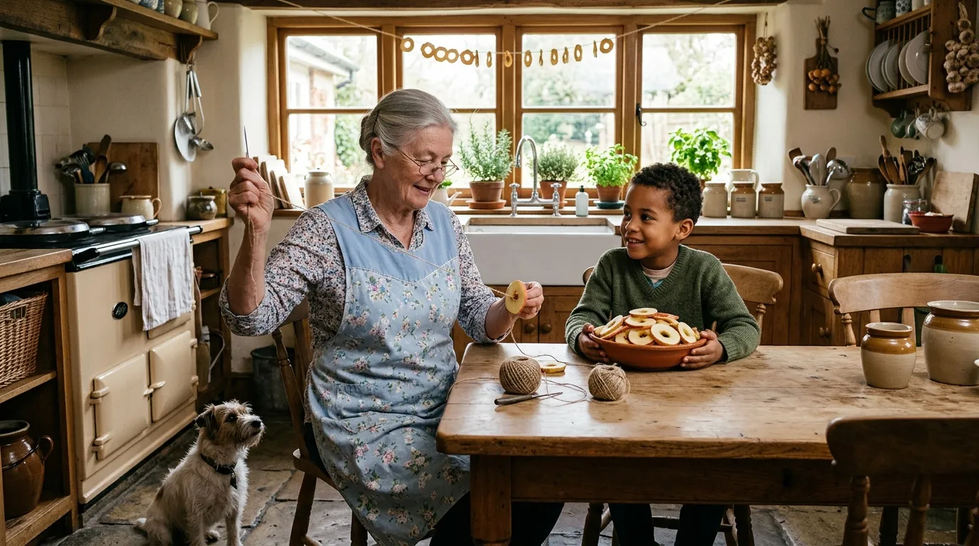 Elderly British grandmother threading apple rings onto garden twine with help from her young grandson, a small terrier at their feet in a sunny farmhouse kitchen