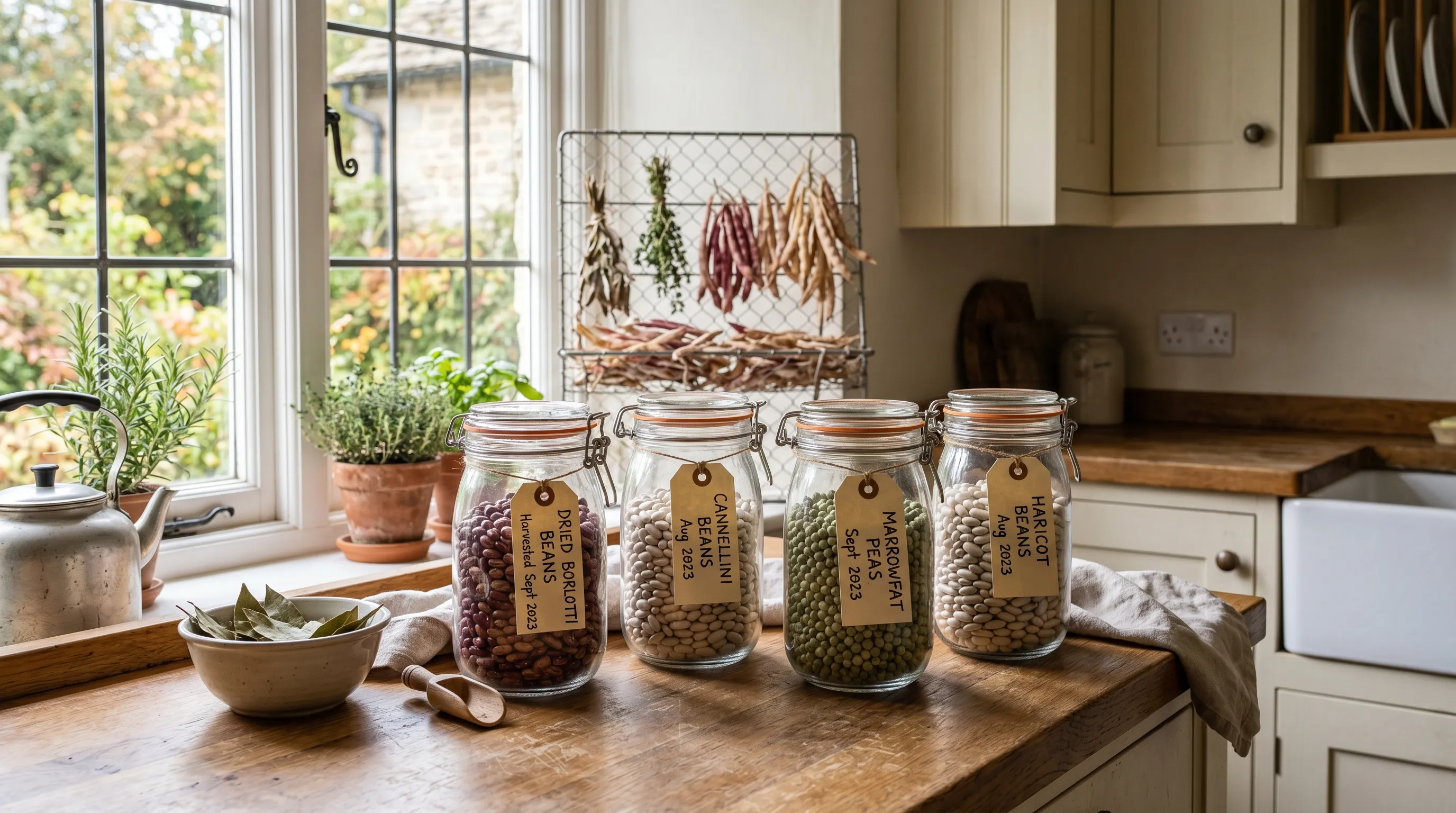 UK kitchen worktop with glass jars of dried borlotti beans, cannellini beans, marrowfat peas and haricot beans labelled with date and variety, dried pods drying on a rack in the background