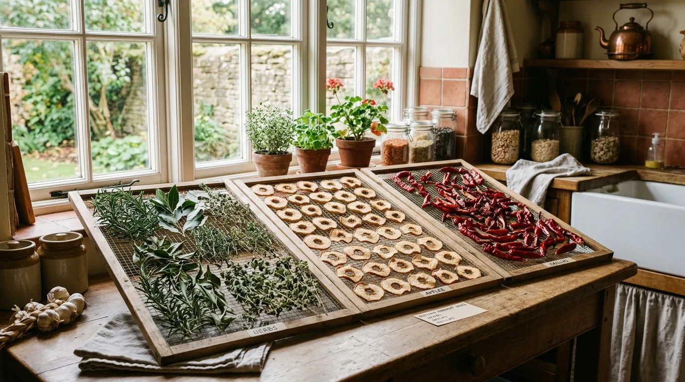 Dried herbs, apple rings, and chilli peppers on drying racks in a UK kitchen