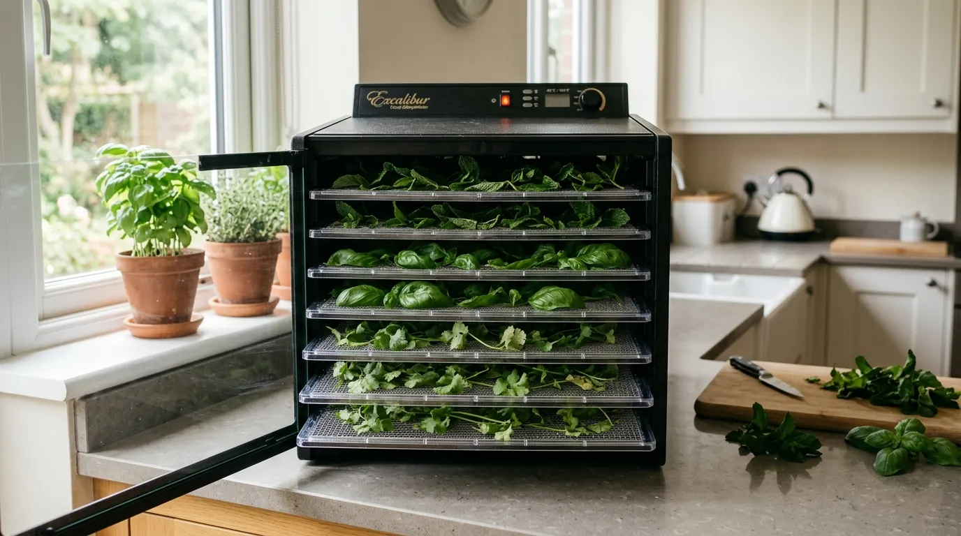 A countertop food dehydrator stacked with trays of fresh mint, basil and coriander leaves drying in a modern UK kitchen