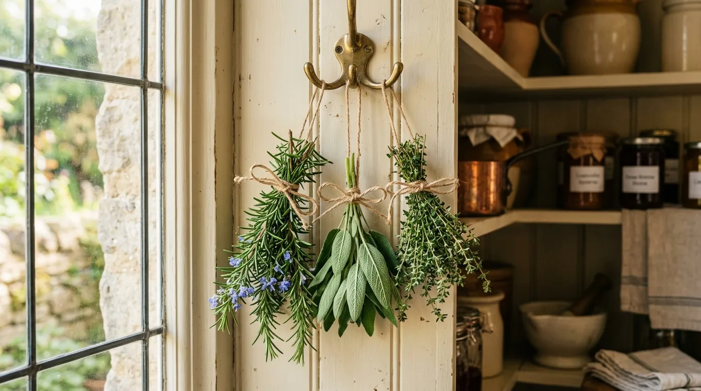Bundles of sage, rosemary, thyme and oregano tied with garden twine hanging upside down to dry from a brass hook in an airy English pantry