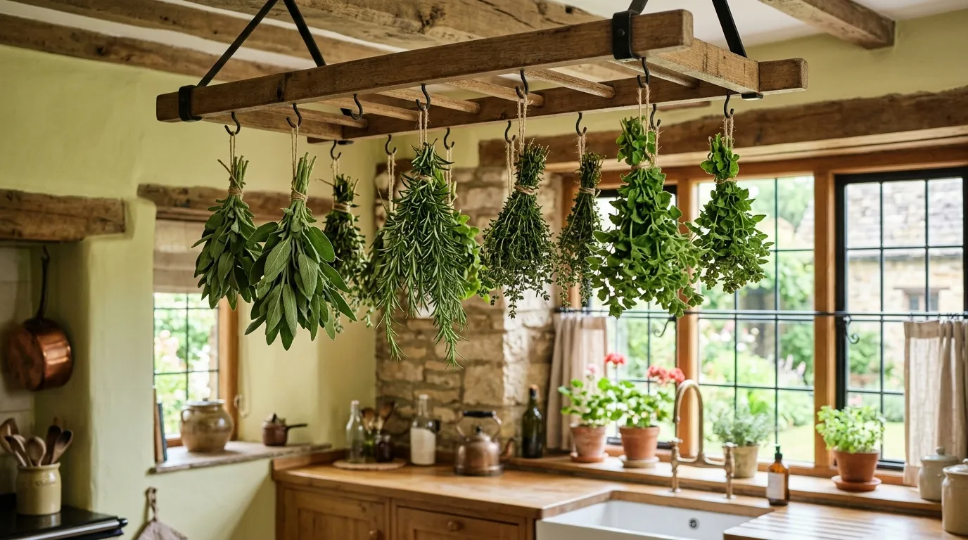 Bundles of rosemary, sage, thyme and oregano hanging upside down to dry in a sunlit UK farmhouse kitchen with a rustic wooden ceiling rack