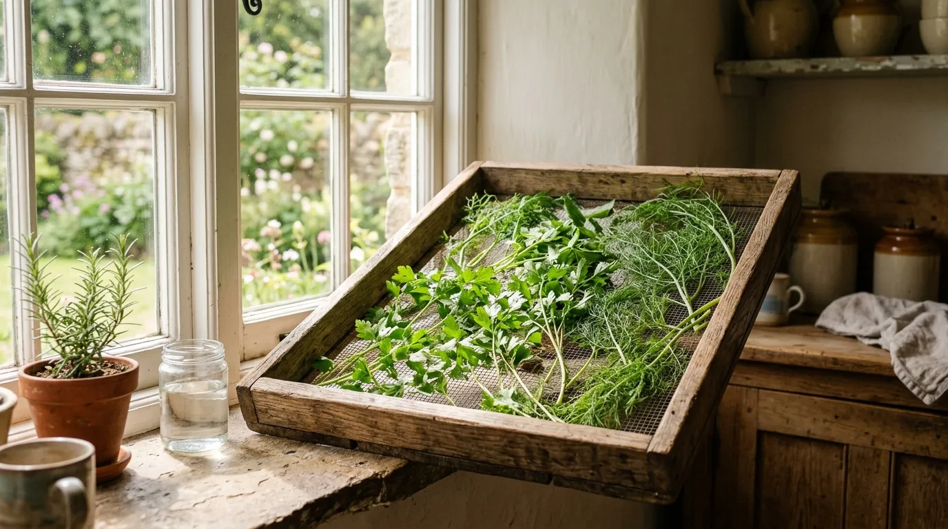 A flat wooden mesh screen tray loaded with parsley dill and fennel fronds drying gently on a sunny pantry windowsill