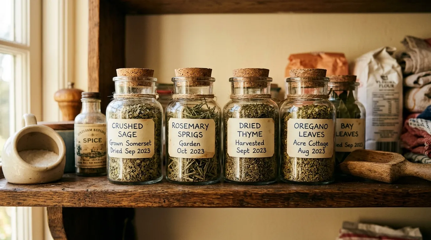 Hand-labelled glass jars on a UK pantry shelf containing dried sage rosemary thyme and oregano with handwritten dates visible on each label