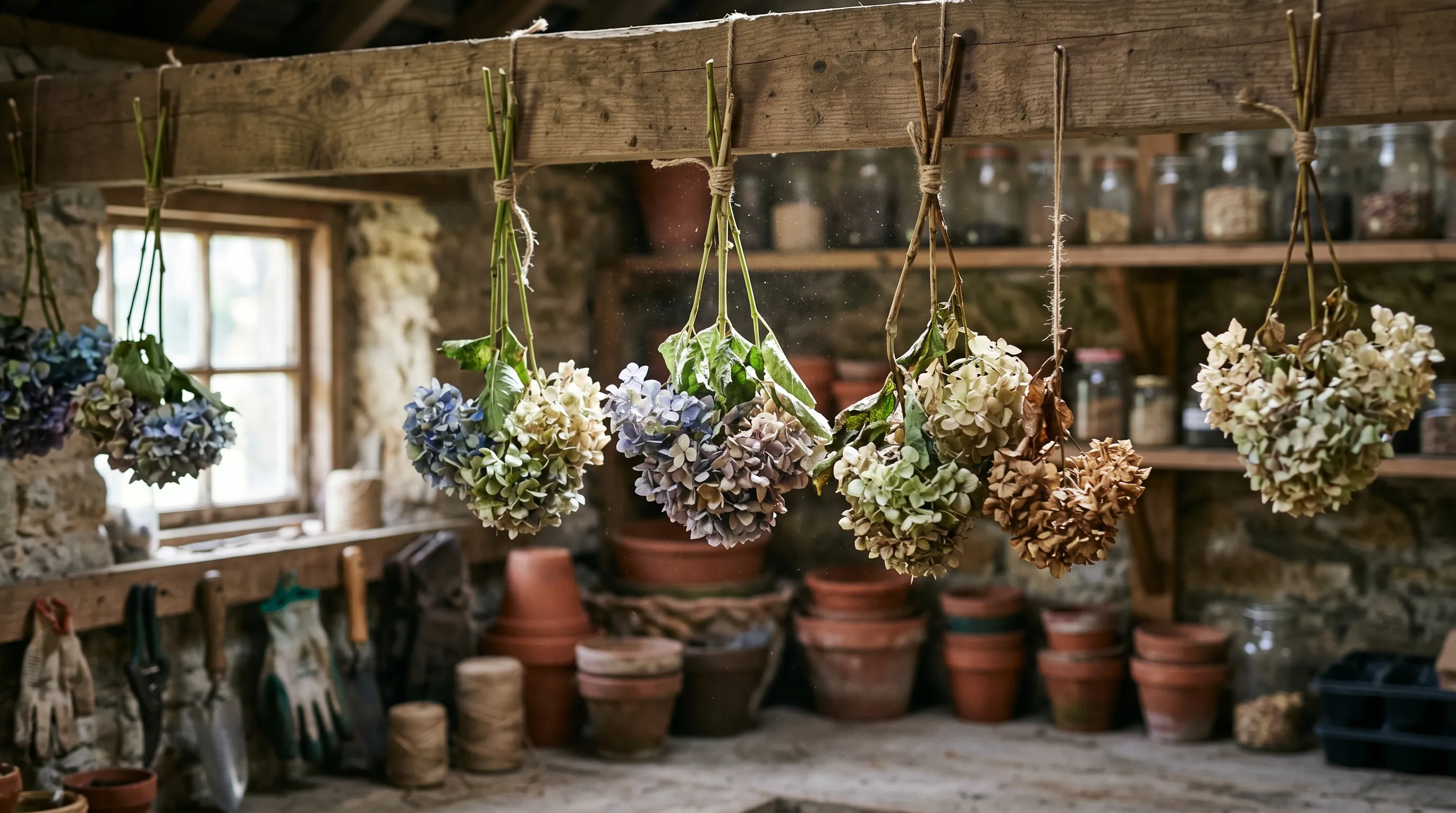 Bunches of hydrangea stems hung upside down to air-dry from a beam in a UK potting shed
