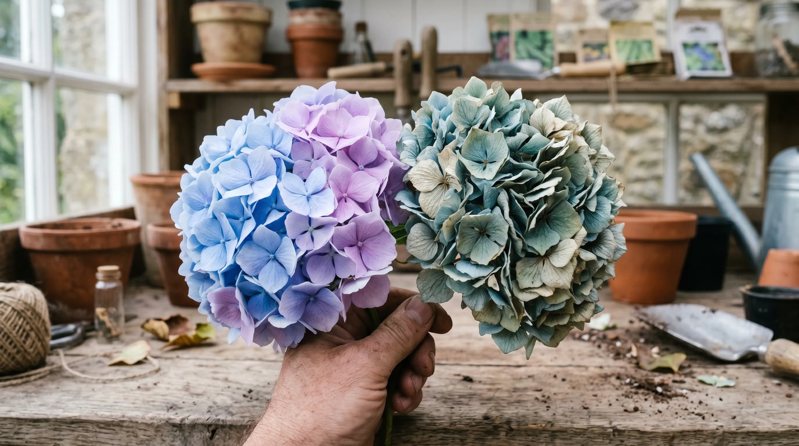 A fresh soft hydrangea bloom held beside a mature papery one ready for drying