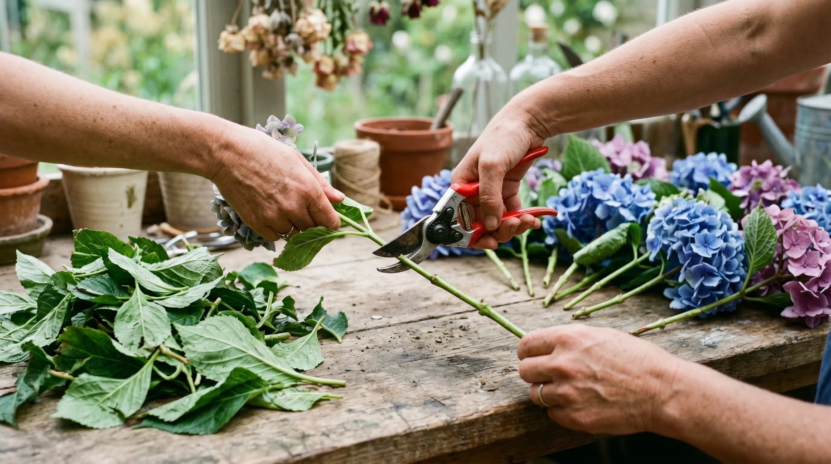 Hands stripping leaves and making an angled cut on hydrangea stems on a potting bench