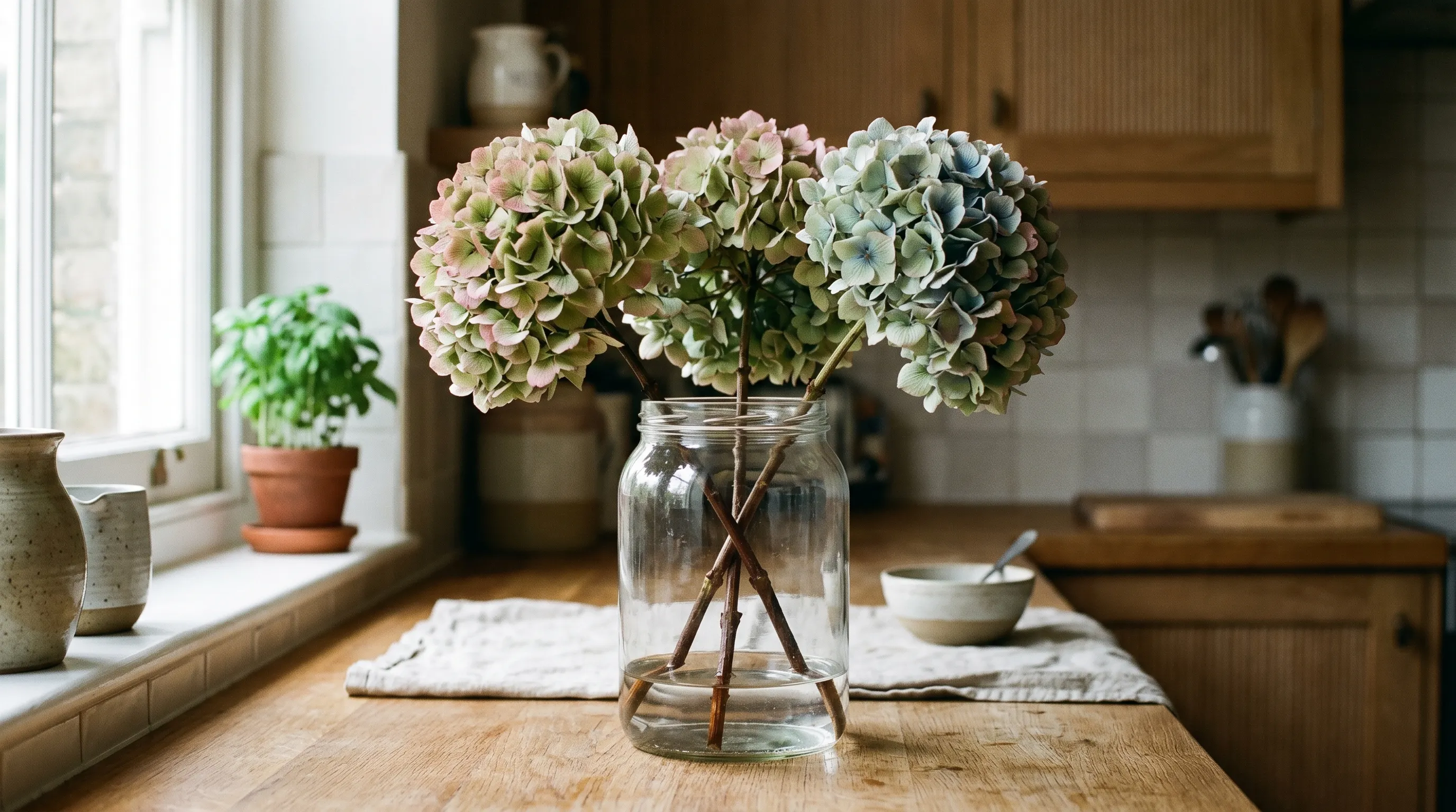 Hydrangea stems standing in two to three centimetres of water in a glass jar on a UK kitchen worktop