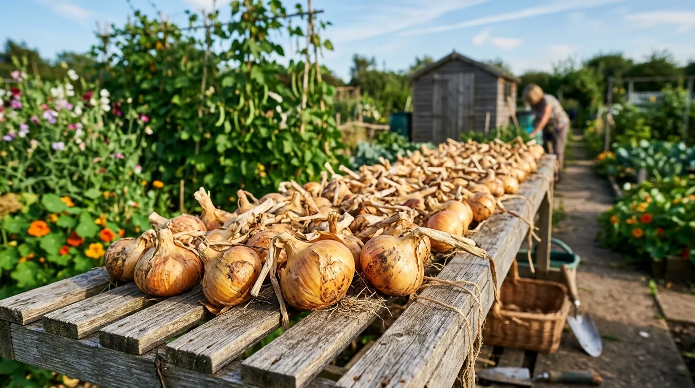 UK allotment harvest of Sturon and Stuttgarter Giant brown onions laid out on a wooden slatted rack curing in late summer sunlight