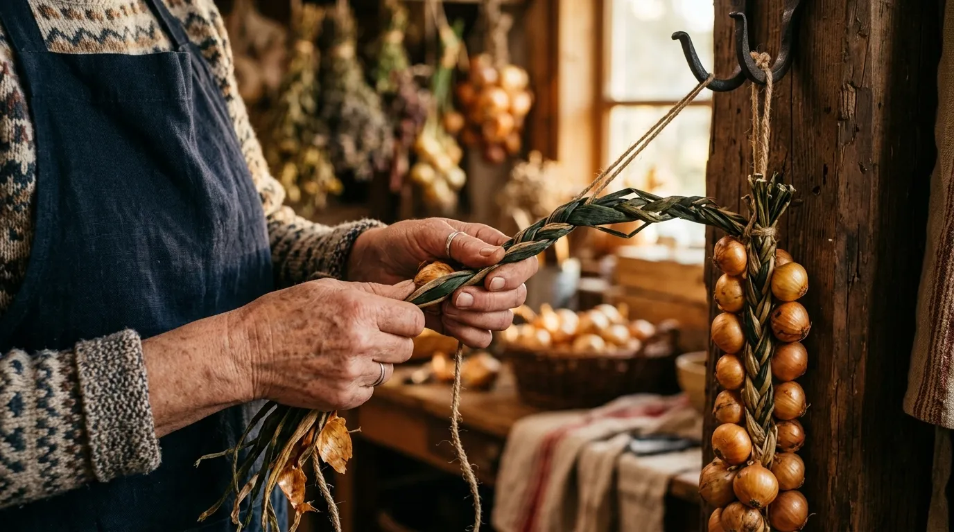 Close-up of hands plaiting cured onion tops with garden twine, a traditional onion plait in progress hanging from a hook in warm light