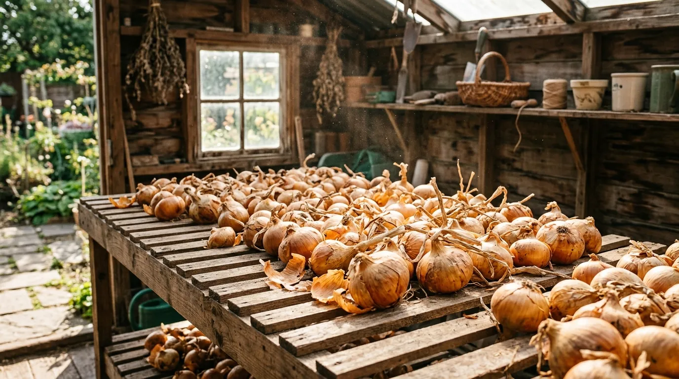 Brown Sturon onions curing on a slatted wooden rack inside an airy garden shed in Staffordshire with sunlight streaming through gaps in the boards