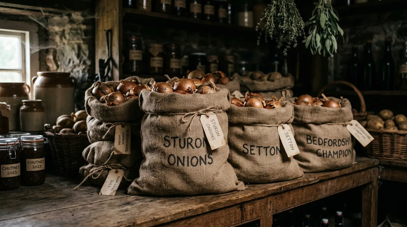 Hessian sacks of brown onions and stacked wooden crates on wooden pantry shelves in a cool dark UK pantry with hand-written variety labels