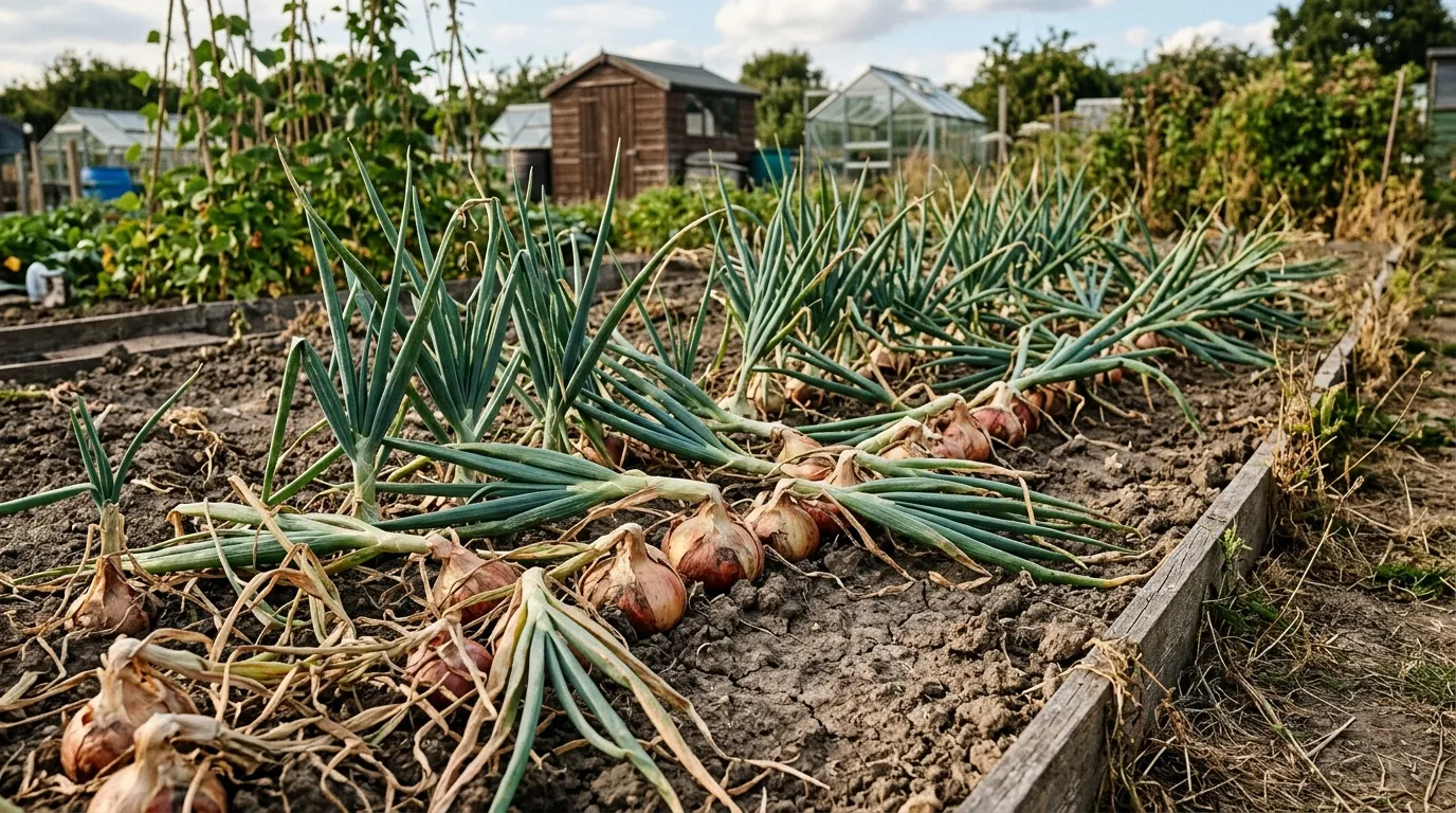 A UK allotment row of Sturon onions with half the tops flopped over showing readiness for lifting in late August sunlight