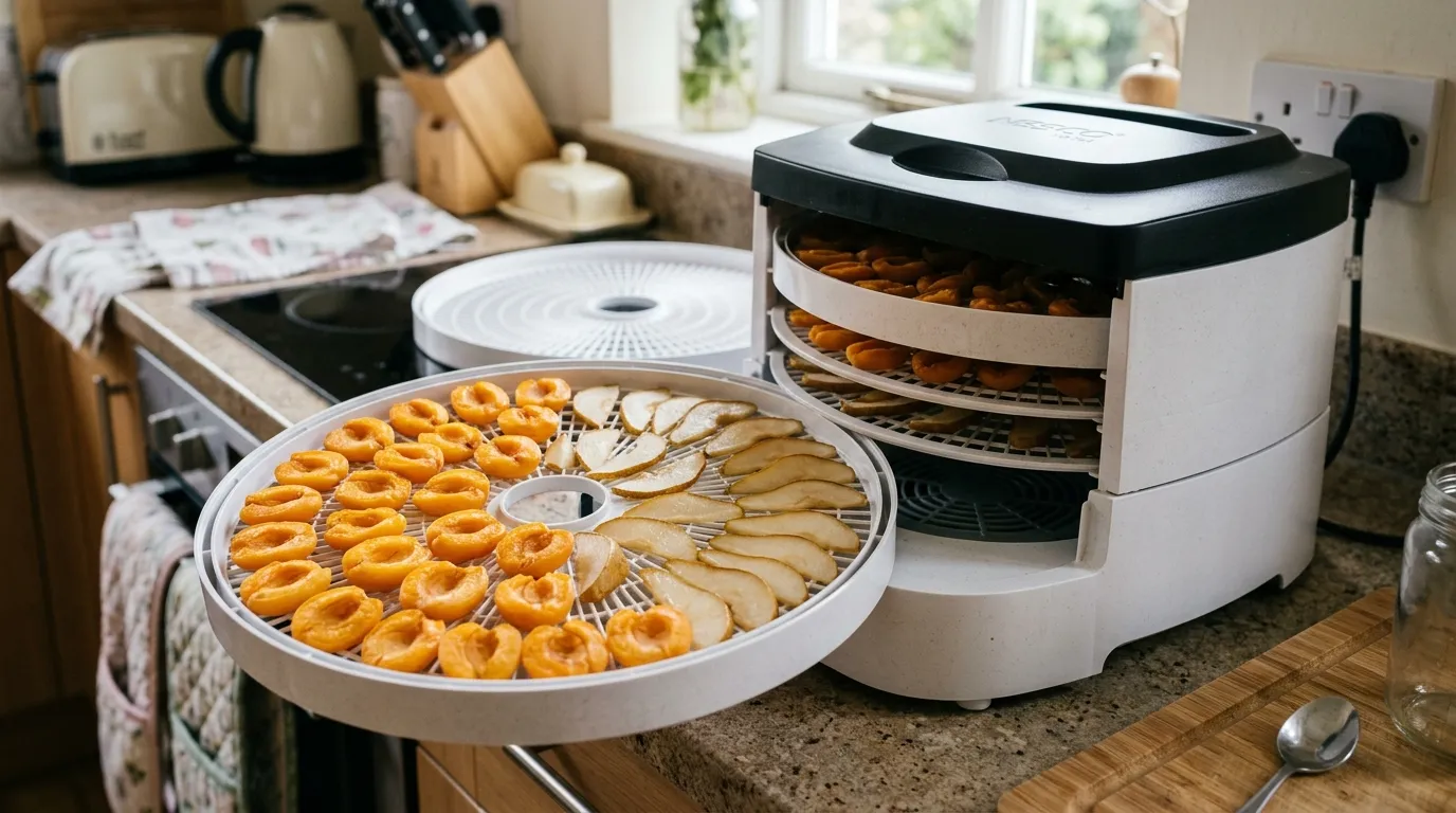 Open electric food dehydrator on a UK kitchen worktop with one tray pulled out showing rows of Goldcot apricot halves and Conference pear slices, partly dried