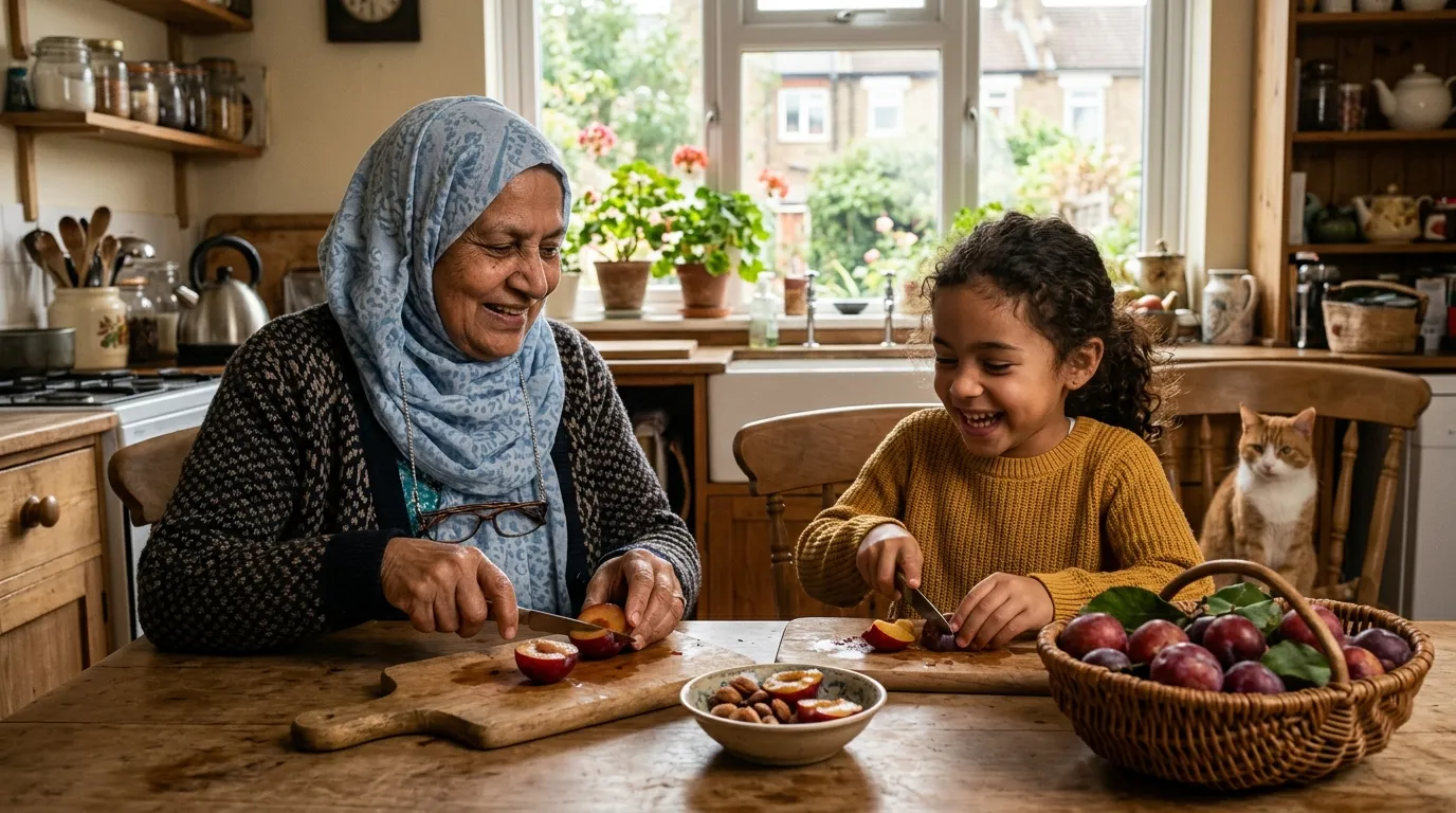 A Bangladeshi-British grandmother and her granddaughter halve Victoria plums together at a UK kitchen table, stones in a ceramic bowl, ginger cat watching from a chair in warm afternoon light