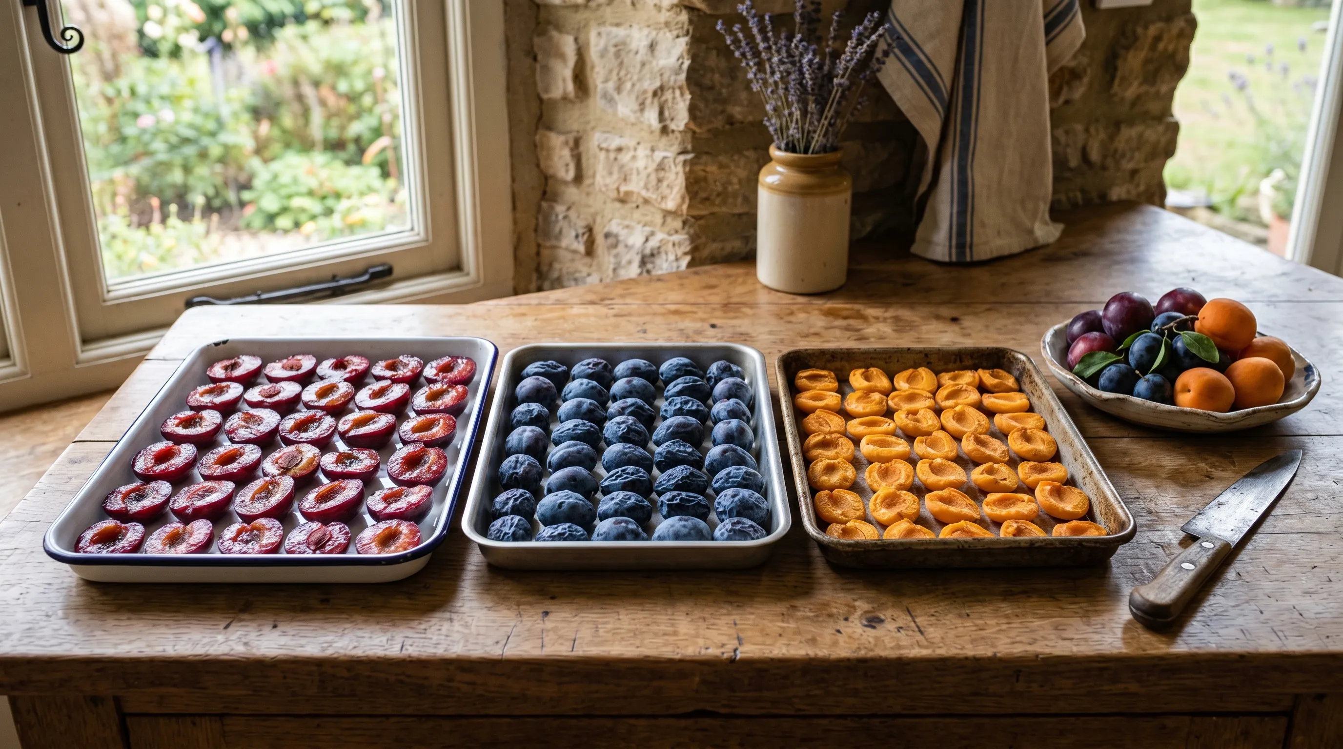 Three kitchen trays of part-dried stone fruit halves in a UK kitchen: Victoria plums, Shropshire damsons and Goldcot apricots in still-life daylight