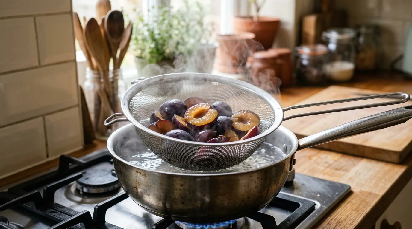 Plum halves in a stainless wire colander being lowered into a pan of gently steaming water on a UK hob in the 30-second steam-blanch step