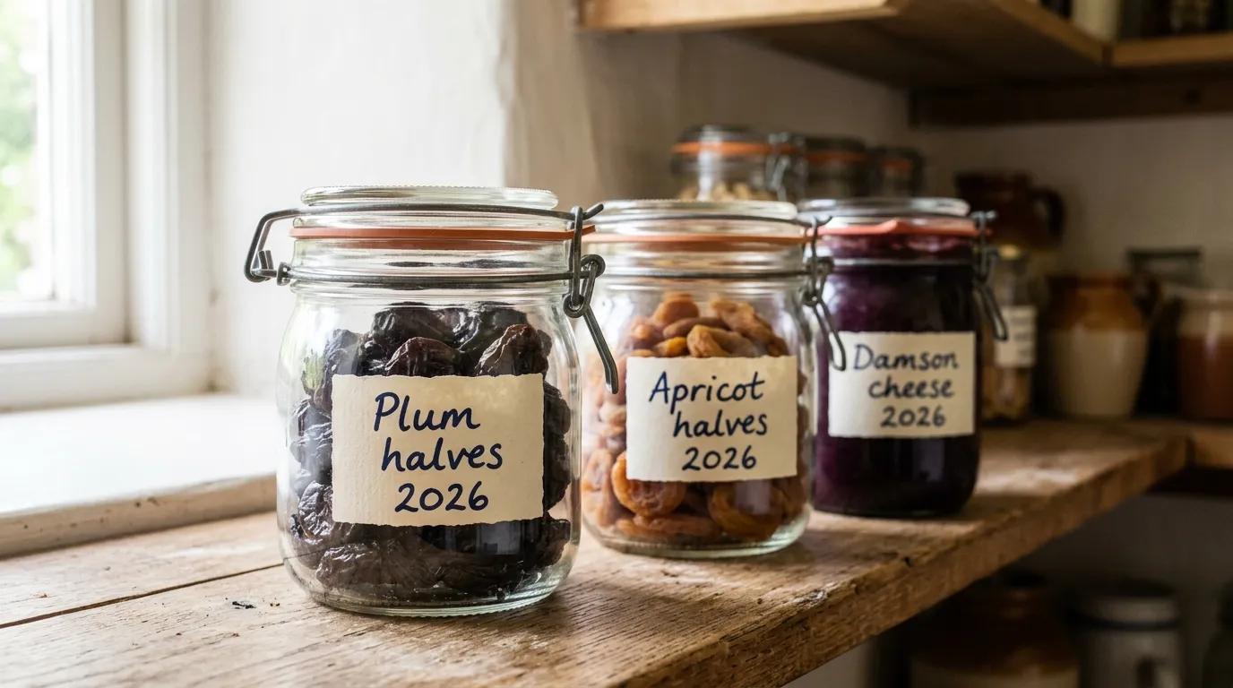 Three labelled glass storage jars on a UK pantry shelf containing dried plum halves, dried apricot halves and damson cheese from the 2026 season