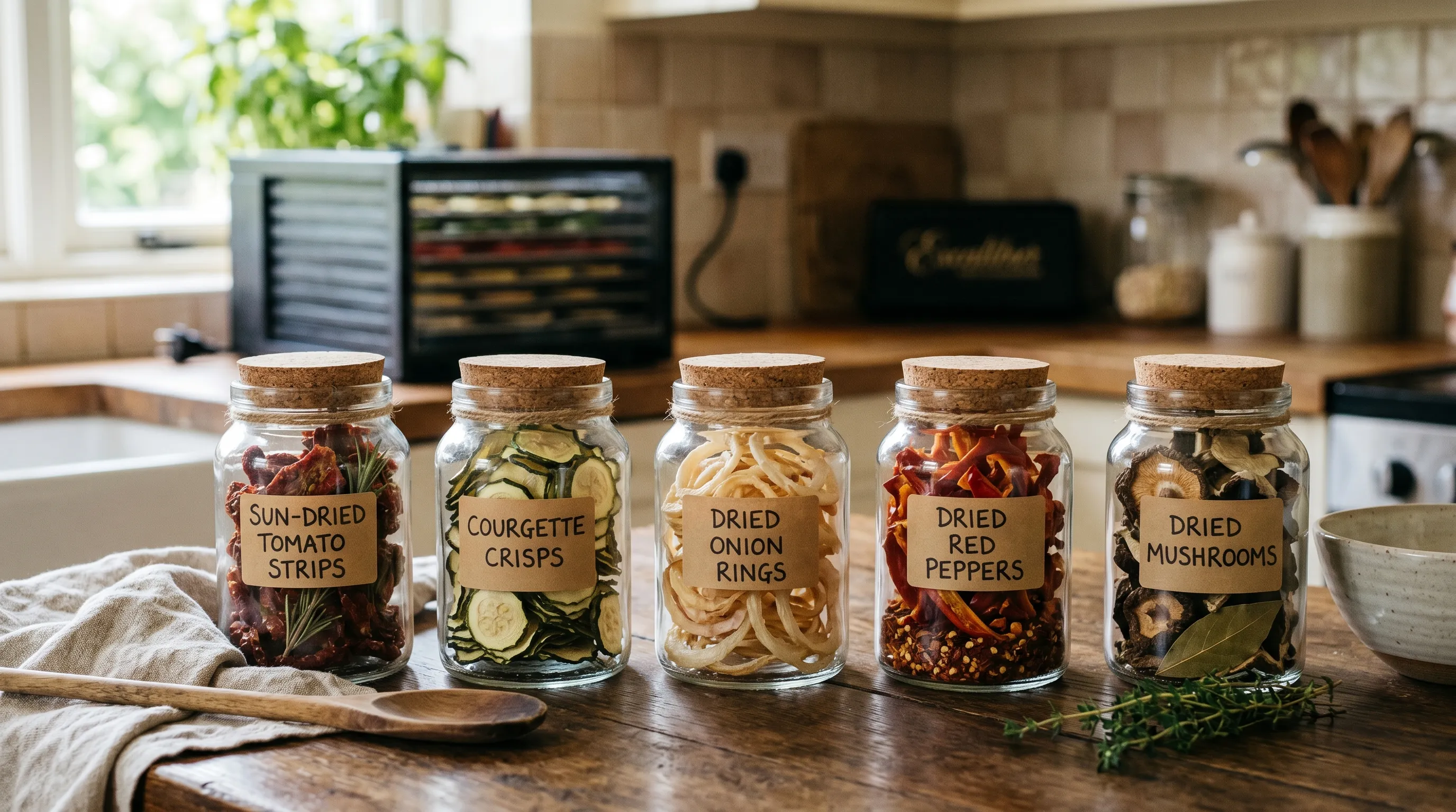 UK kitchen worktop with jars of dried homegrown vegetables - sun-dried tomato strips, courgette crisps, dried onion rings, dried peppers, dried mushrooms - labelled and ready for soup mixes
