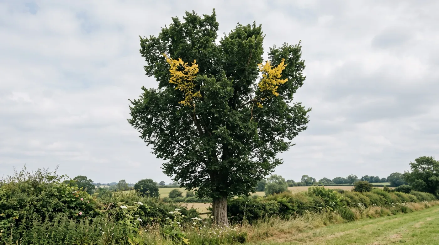 Mature elm in a Staffordshire hedgerow with yellowed flagging branches, the first sign of Dutch elm disease