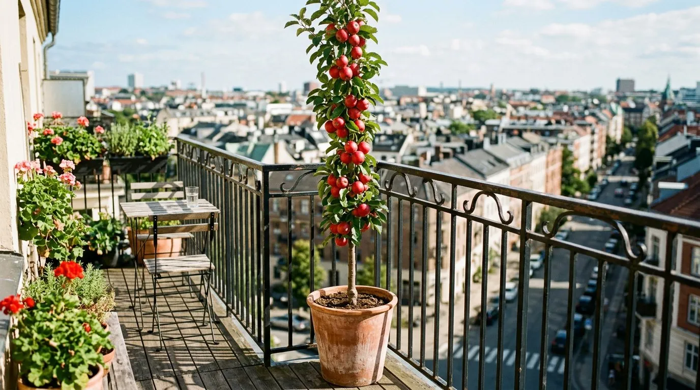 Columnar dwarf fruit tree growing on a balcony