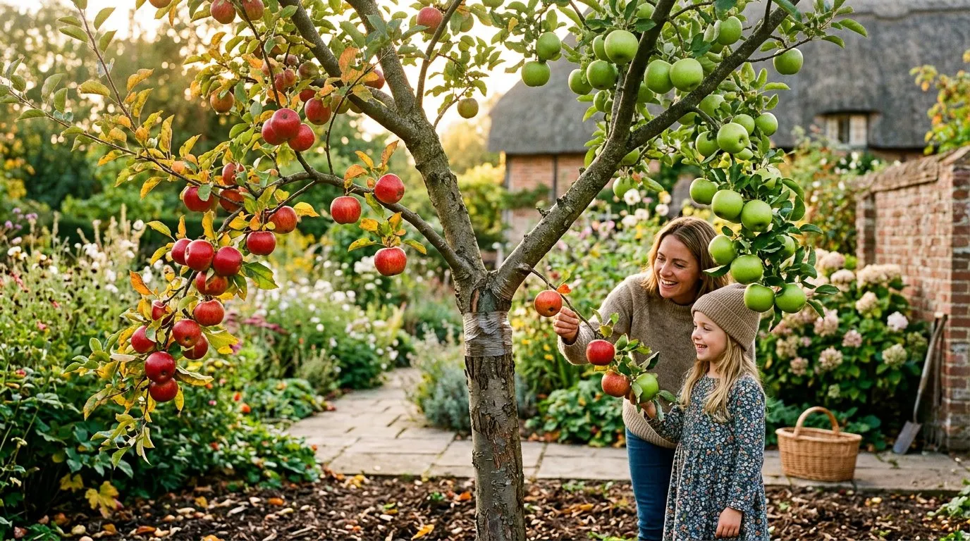 Family fruit tree with two apple varieties grafted on one trunk