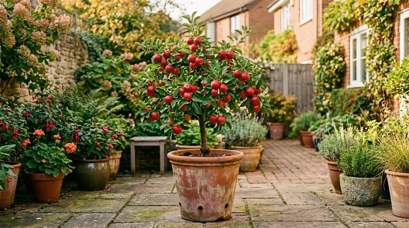 Dwarf fruit tree apple in a terracotta pot on a sunny English patio
