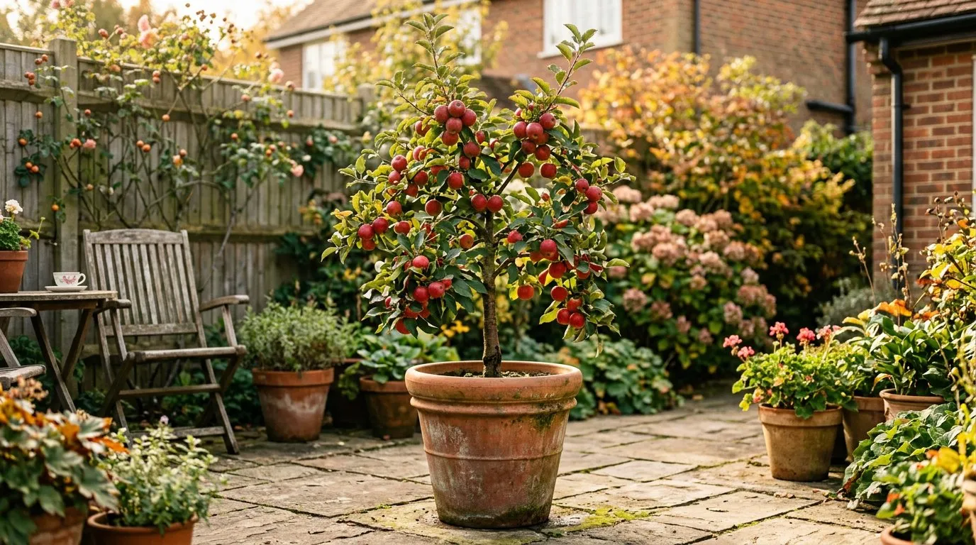Dwarf fruit tree apple on M27 rootstock in a terracotta pot on a sunny patio
