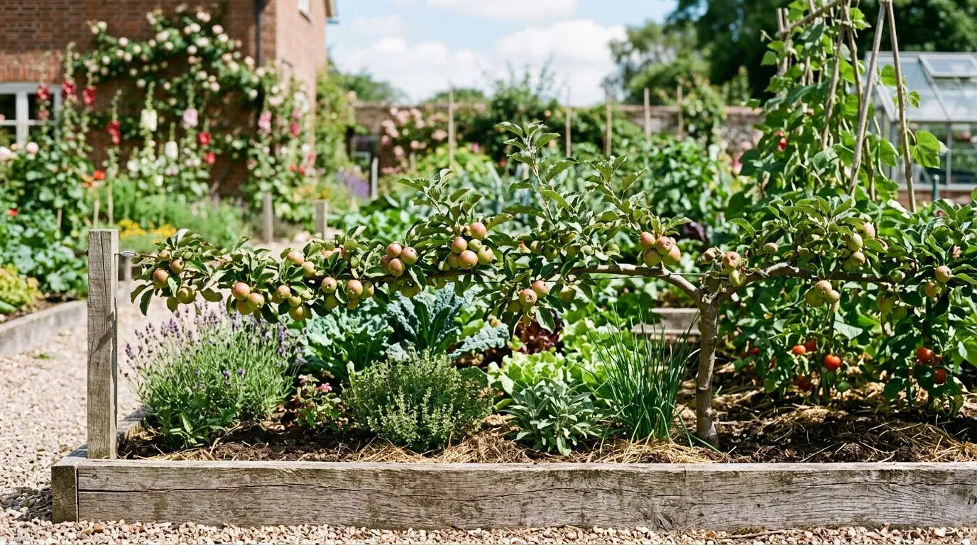 Dwarf fruit tree trained as step-over apple at knee height along a vegetable bed edge