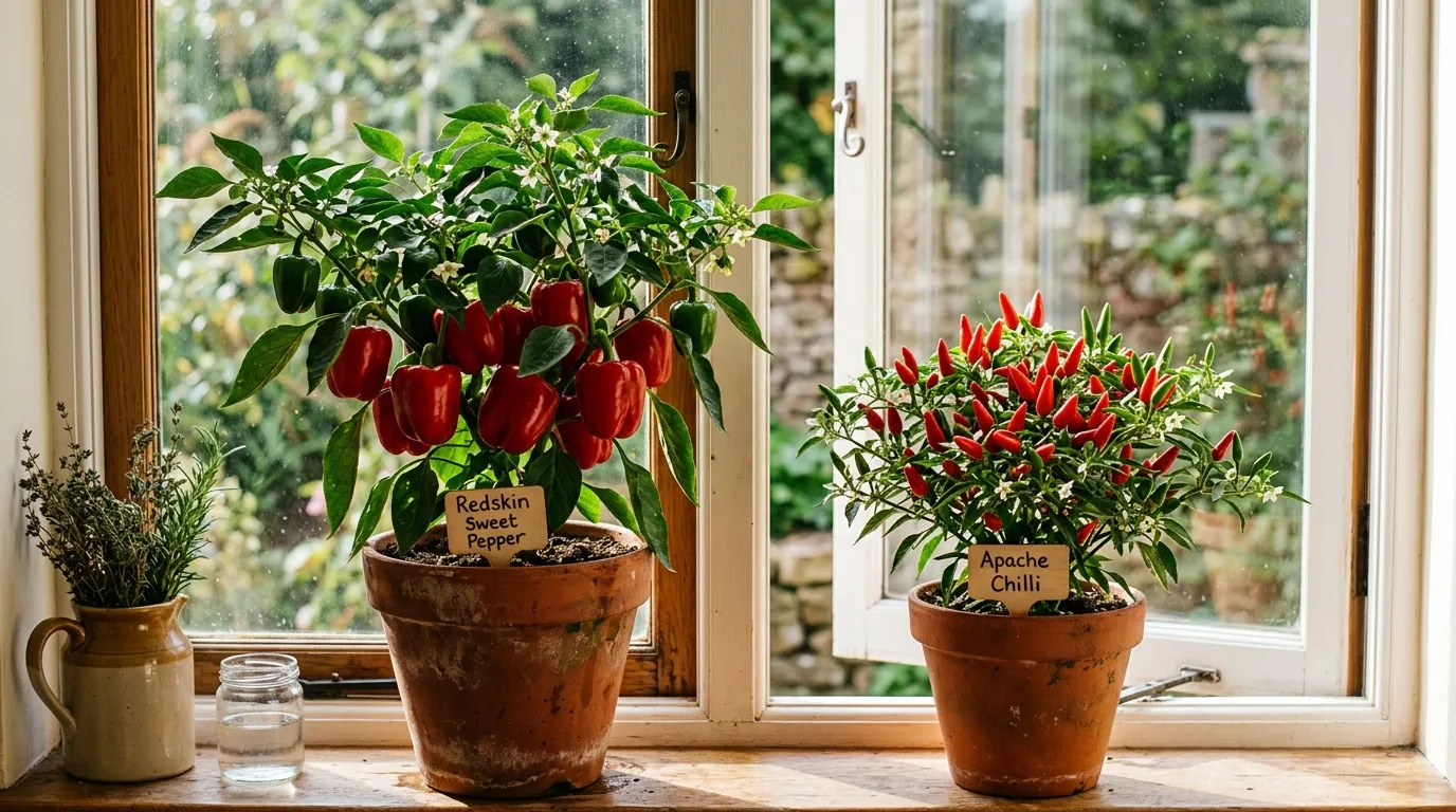 Compact sweet pepper and chilli plants growing in terracotta pots on a kitchen windowsill in natural light