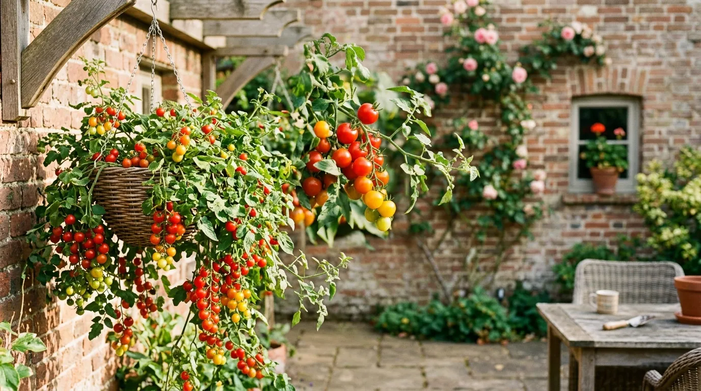 Tumbling Tom cherry tomatoes cascading from a hanging basket on a sunny UK patio with brick wall background