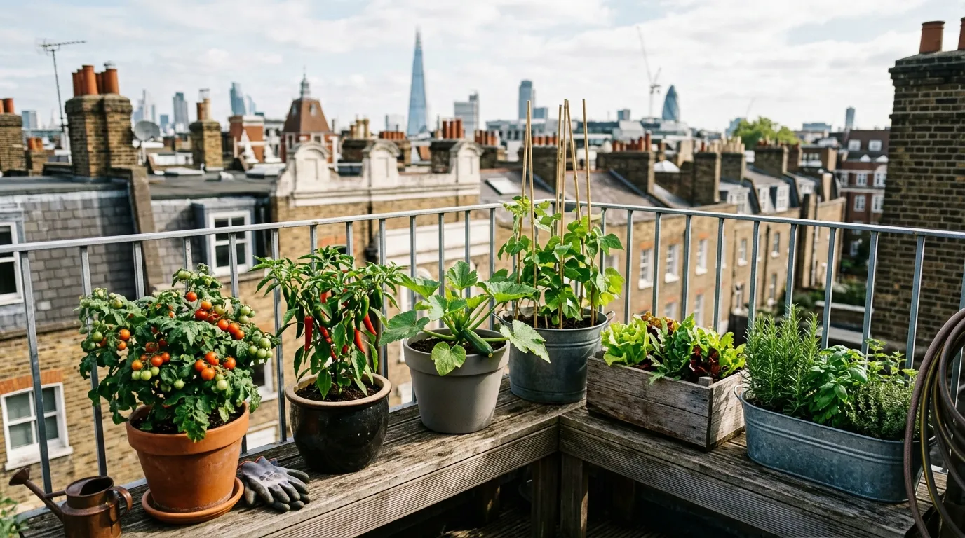 Six containers of dwarf vegetables arranged on a small urban balcony with city rooftops behind