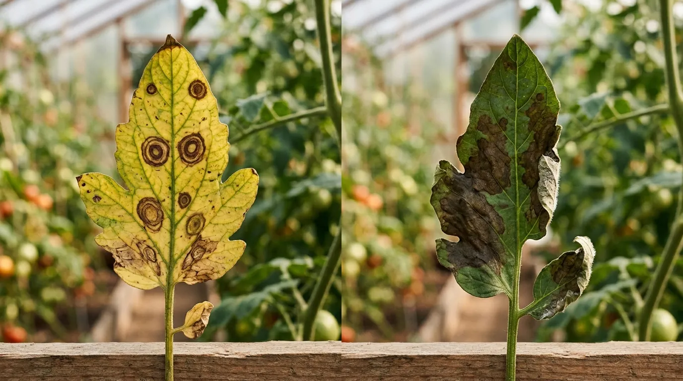Side-by-side comparison of early blight concentric ring lesions and late blight water-soaked patches on tomato leaves