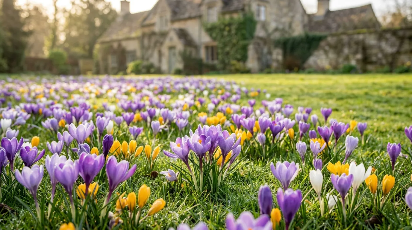 Spring flowers crocuses naturalised in a UK garden lawn with purple blooms in February sunlight