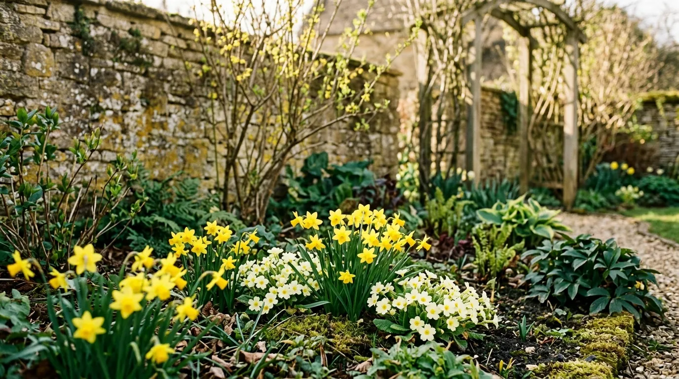 Best spring flowers in a UK garden border with daffodils and tulips flowering together in April sunshine