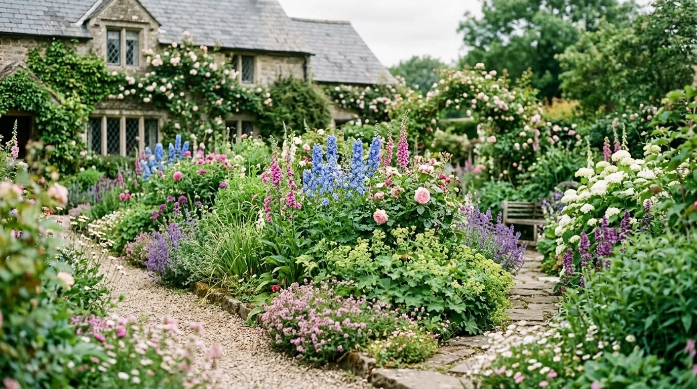 UK garden scene showing early spring flowers gardens in seasonal context