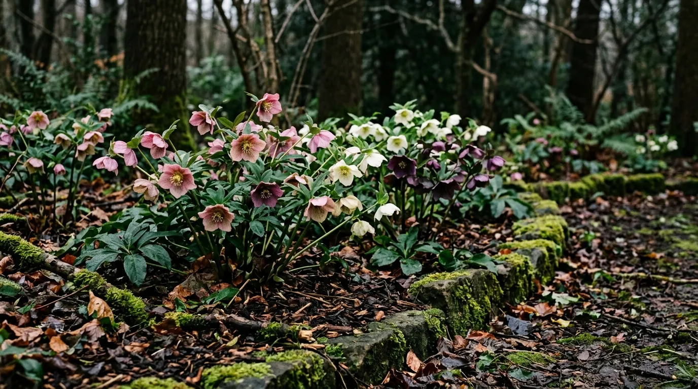 Best spring flowers hellebores growing in shade in a UK garden with pink and plum blooms