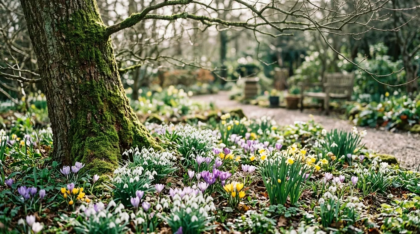 Early spring flowers including crocuses and snowdrops blooming in a sunny UK garden border