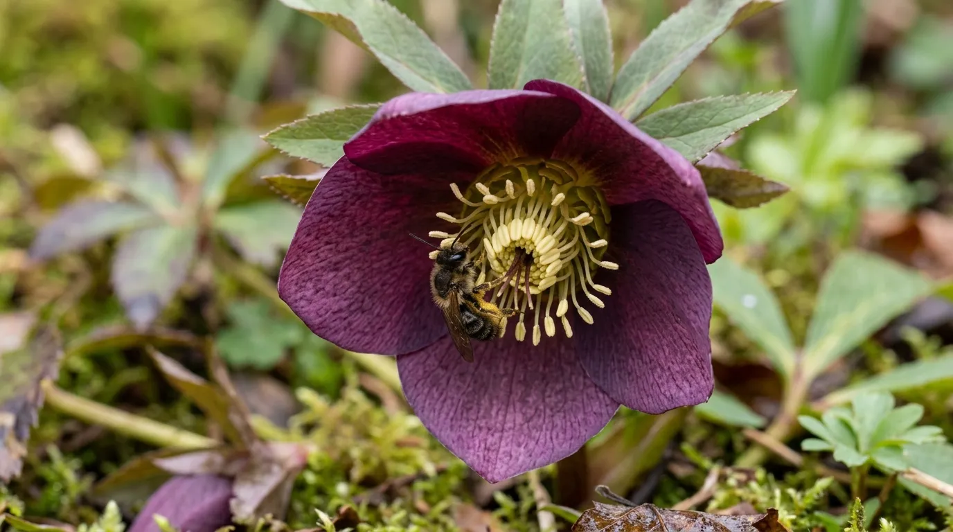 Plum-purple Helleborus orientalis flower in early March with a solitary mining bee Andrena clinging to a stamen inside the cupped petals
