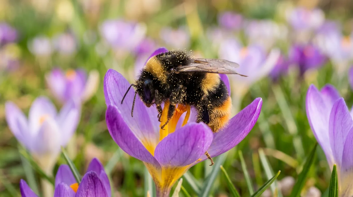 Open pale-purple Crocus tommasinianus carpet with a buff-tailed bumblebee queen feeding in early spring sunlight