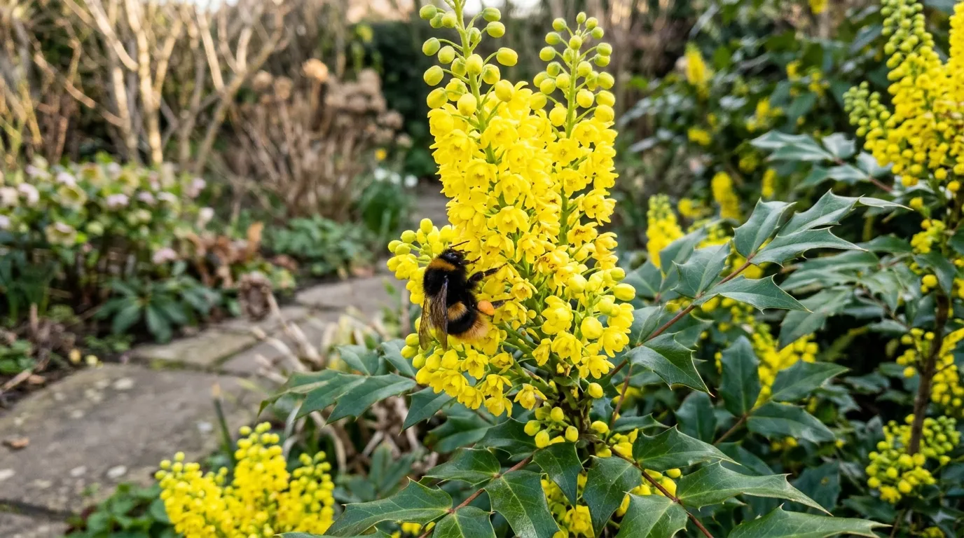 Yellow Mahonia x media Charity flower spikes in full bloom with a buff-tailed bumblebee queen feeding in late February low winter sunlight