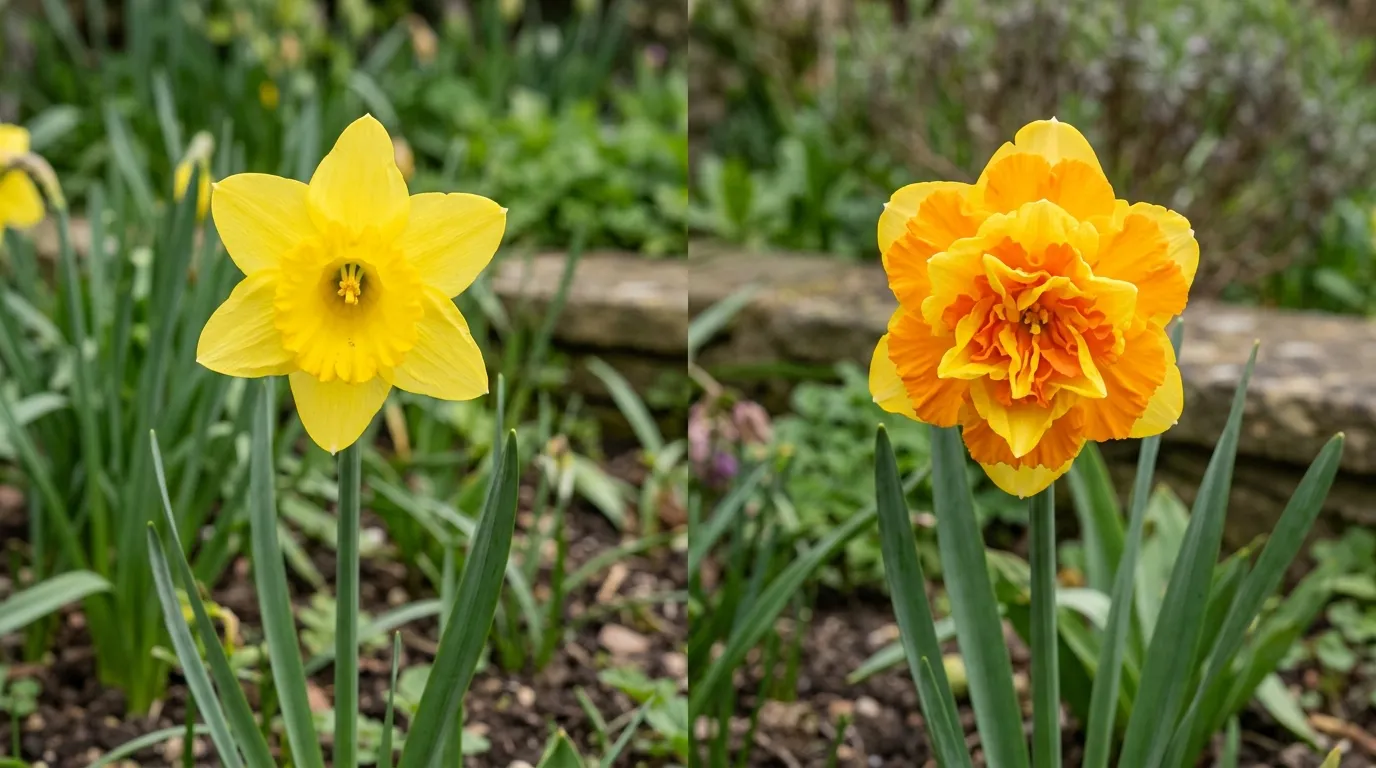 Side-by-side comparison of a yellow single-trumpet Narcissus Tete-a-Tete with open accessible centre next to a frilly double Narcissus cultivar with petals blocking the centre