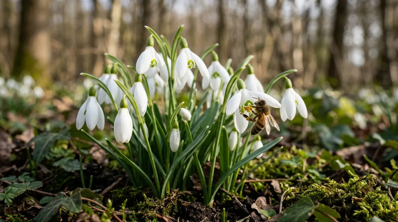 Cluster of native white snowdrops Galanthus nivalis with a small honey bee feeding from one open flower in February woodland light