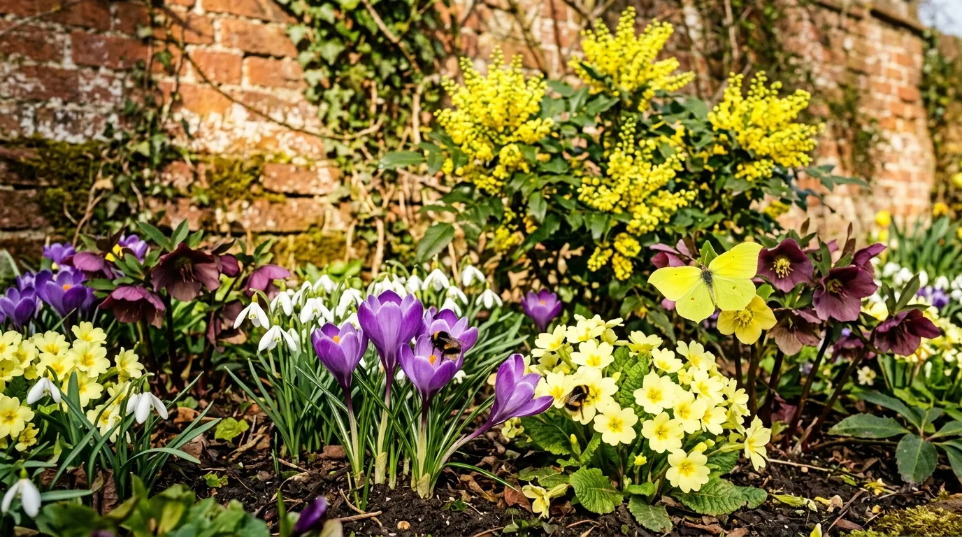 Wide south-facing sun-trap border in late March packed with purple crocus, white snowdrops, hellebores, yellow primrose and Mahonia behind a red brick wall with bumblebees feeding