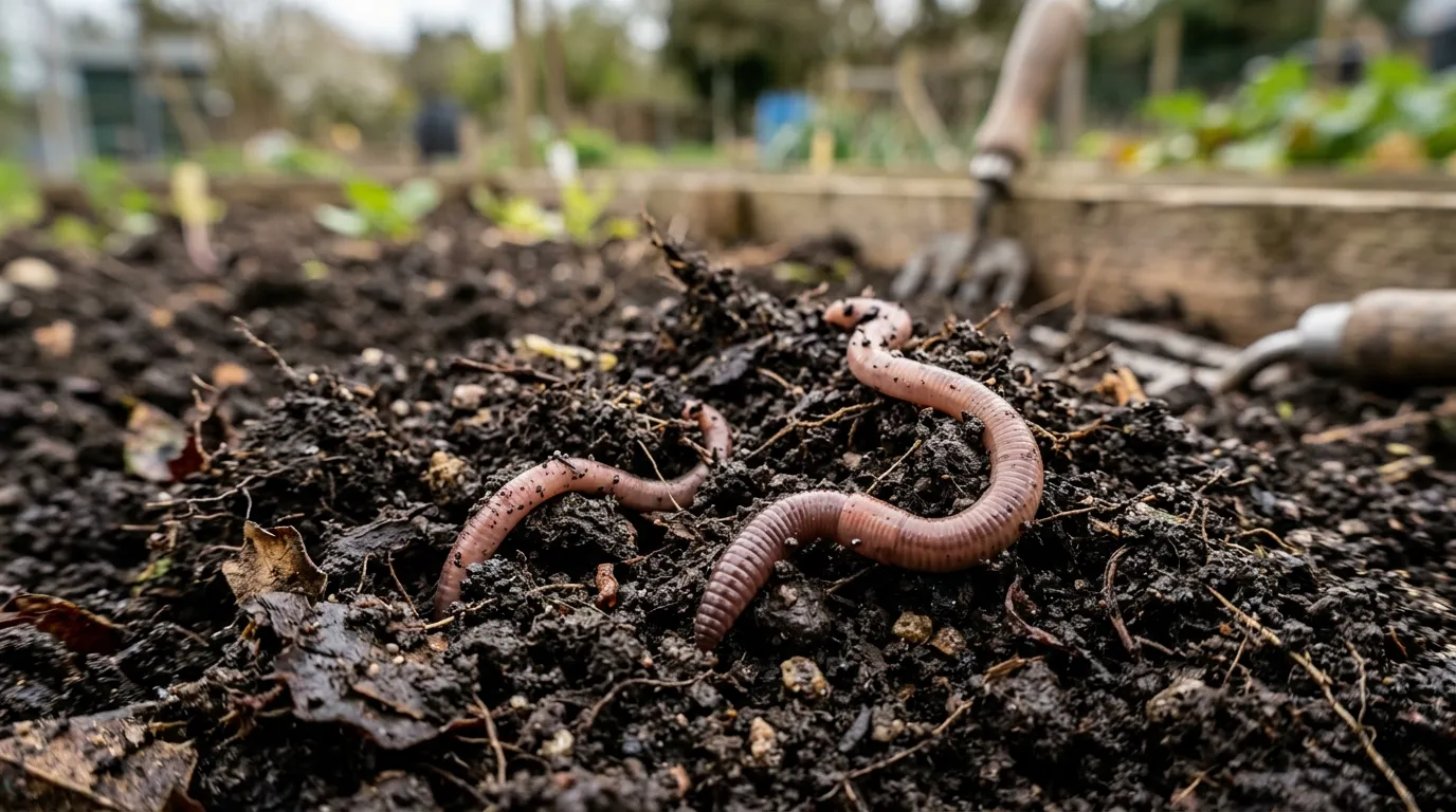 Earthworms in rich dark garden soil close-up showing worms in freshly turned compost-rich earth