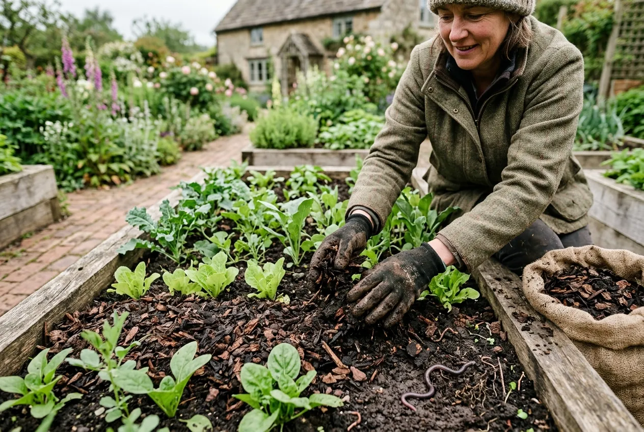 Gardener applying organic mulch around plants in a UK raised bed to encourage earthworms in the soil