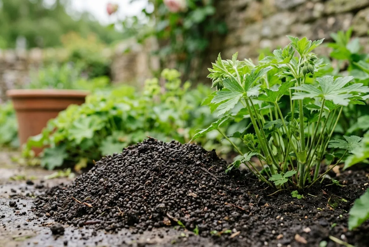 Earthworm castings enriching garden soil with visible nutrient-rich worm casts beside healthy green plant stems