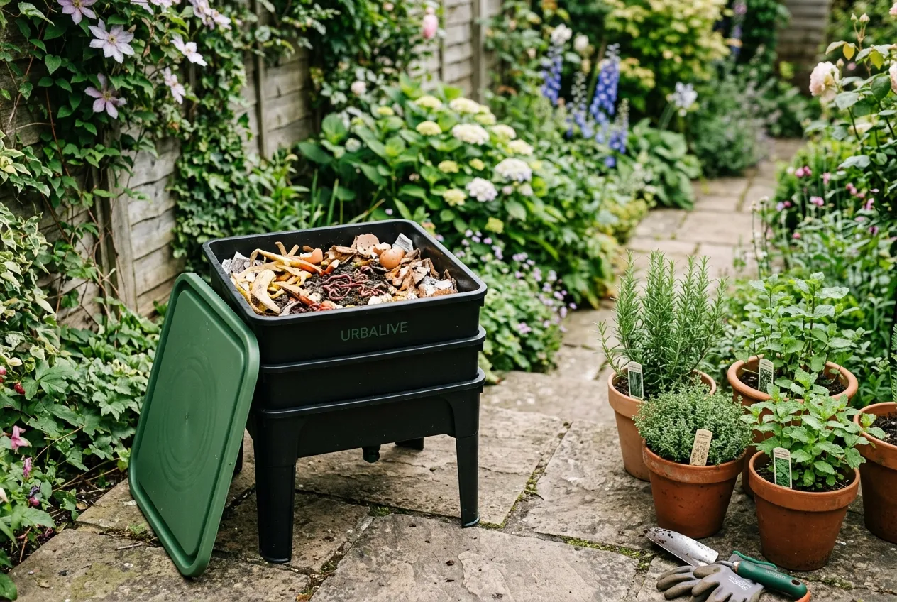 Home wormery composting bin in a UK garden showing tiered system with food scraps and bedding material