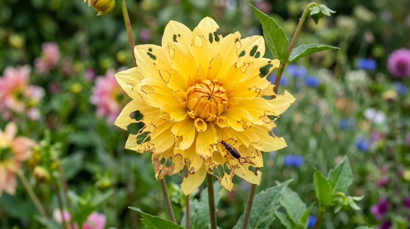 Earwig damage to dahlia flower with chewed petals and visible pincer marks on yellow bloom UK
