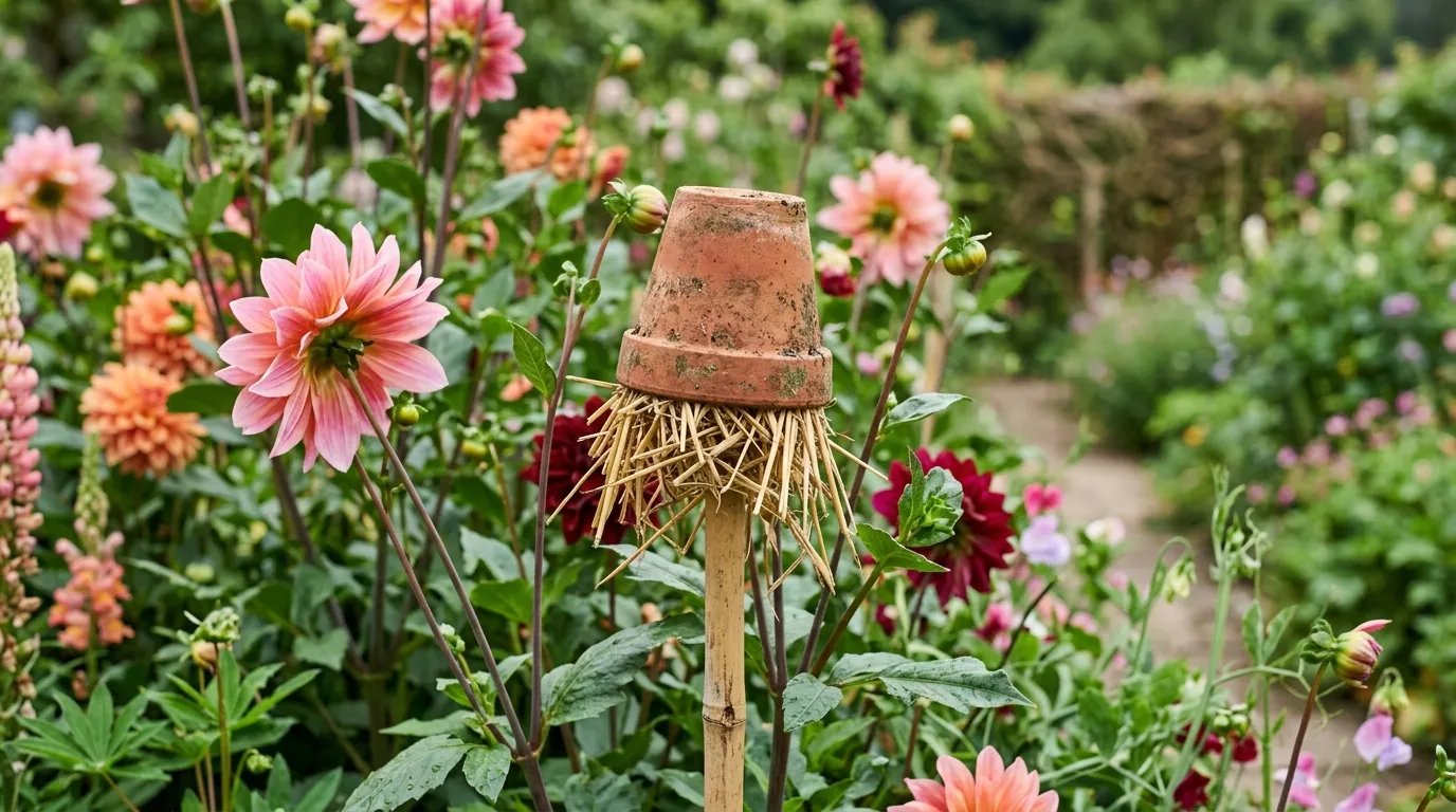 Upturned flowerpot earwig trap on bamboo cane among dahlia stems in a UK garden